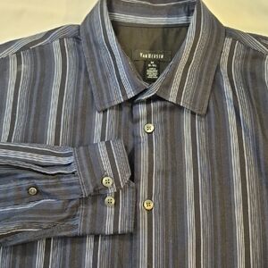 Van Heusen Men's Long Sleeve Button Down Dress Shirt Blue Black & White Striped